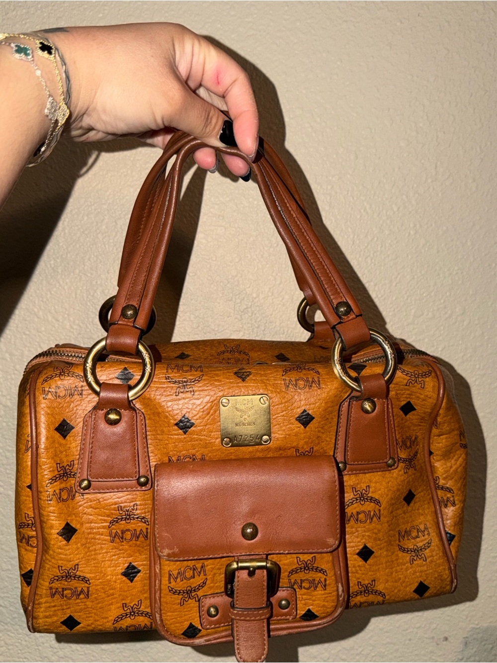 MCM Cognac Visetos Logo Satchel with Brown Trim and Gold Hardware